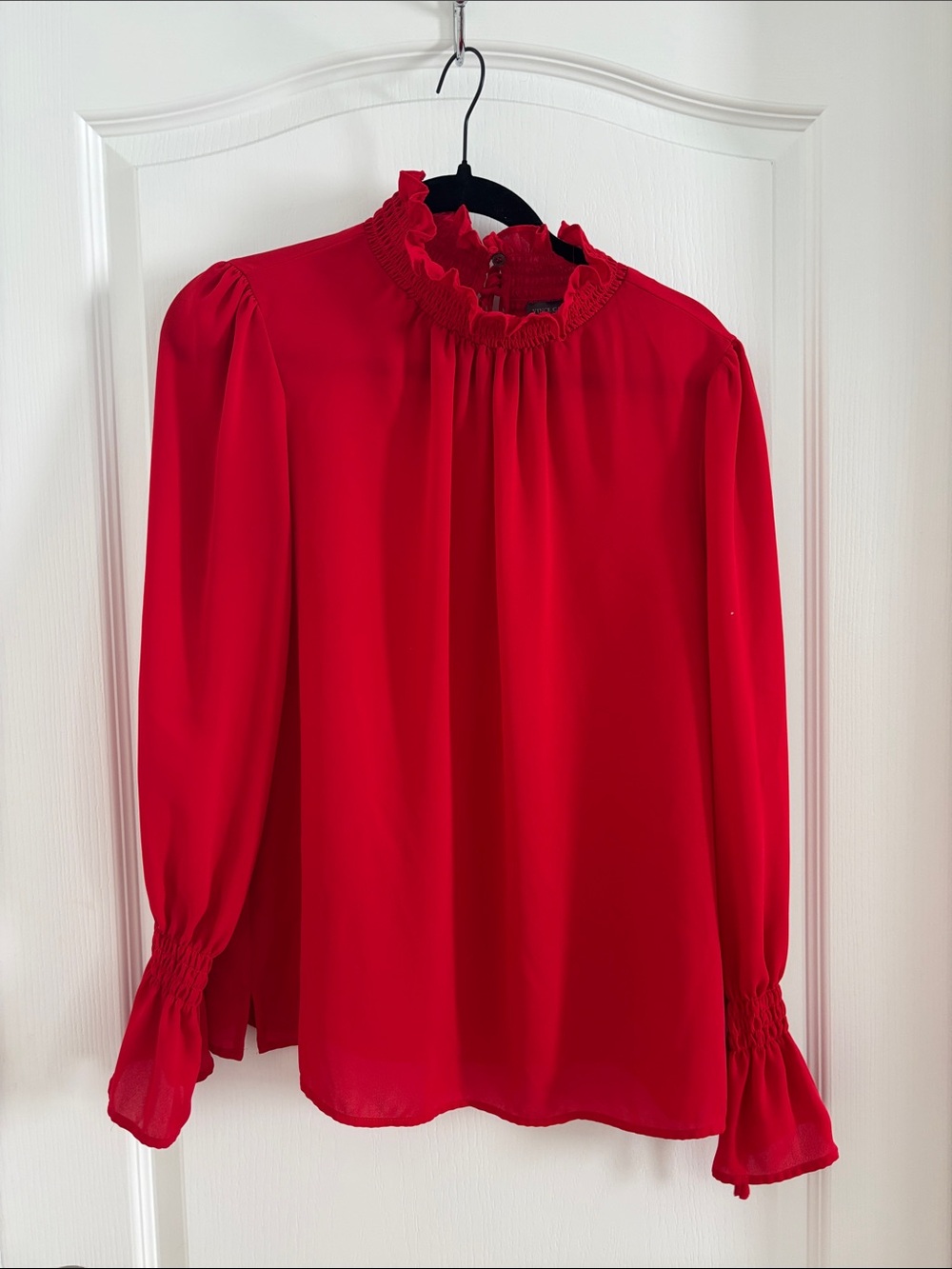 Red Ruffled Mock-Neck Blouse